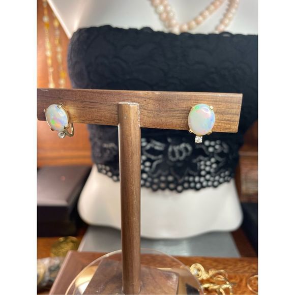 14k yellow gold screw lever back Opal diamond earrings